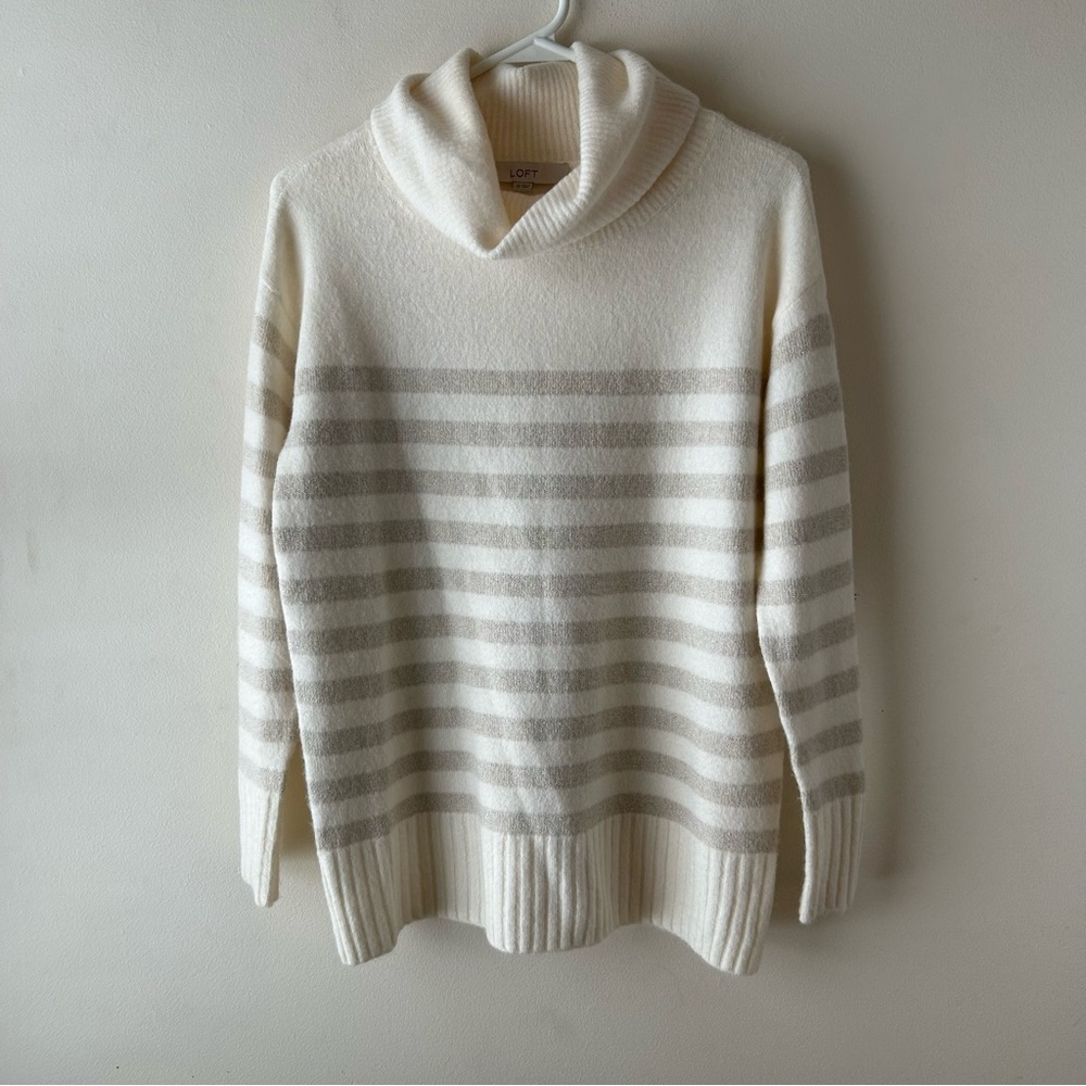 LOFT Cozy Cowlneck Sweater Cream Grey Sparkle Stripe XS